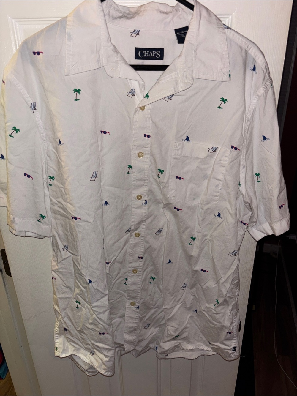 Chaps White Short-Sleeve Button-Down Shirt with Tropical Icon Print